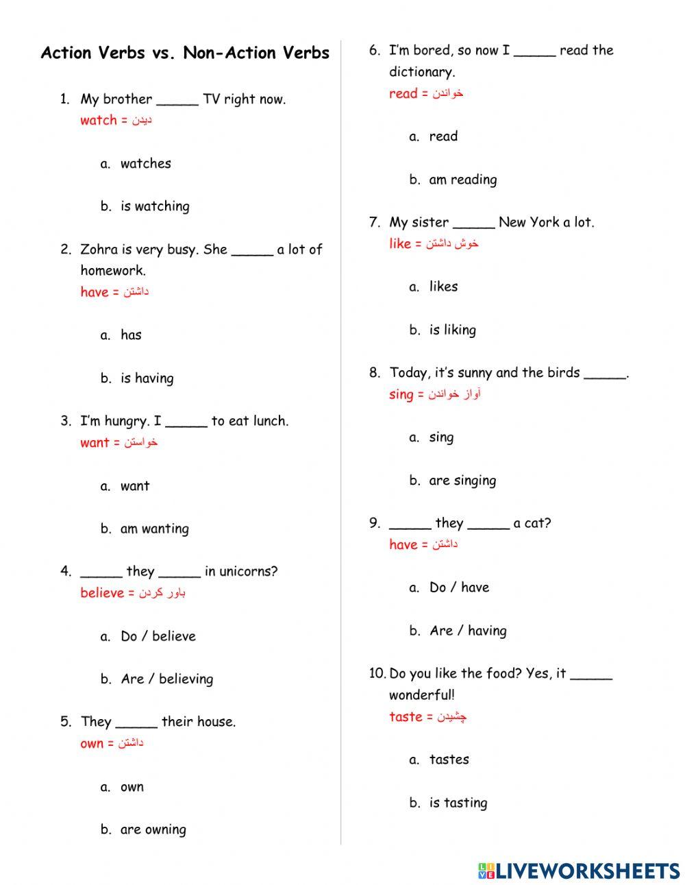 Non-Action Verbs vs. Action Verbs