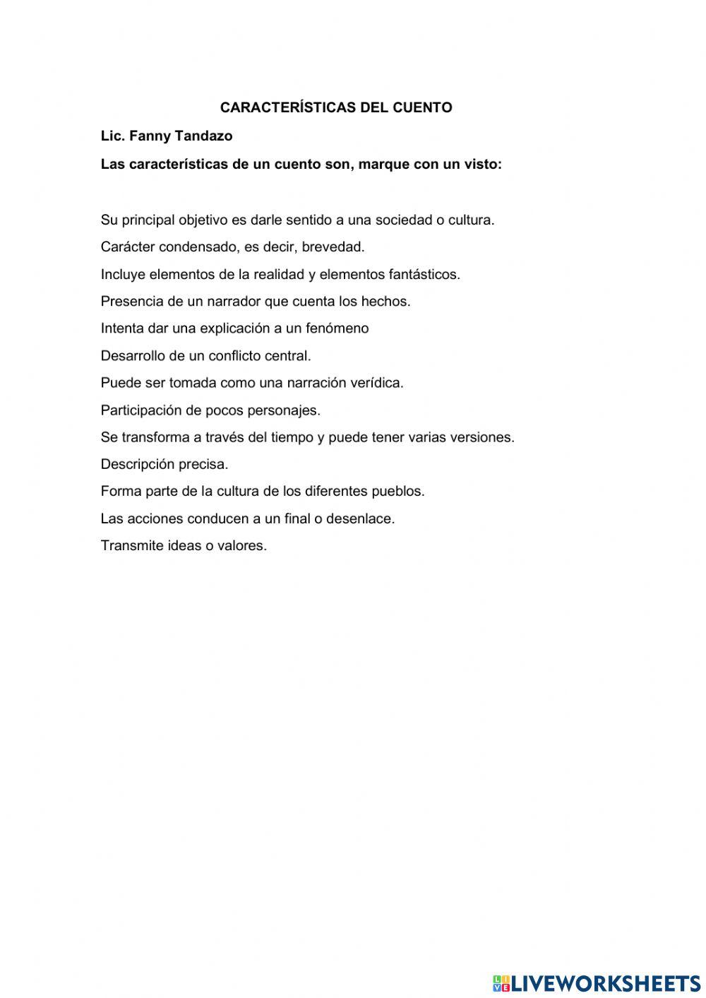 Caracter sticas del cuento online exercise for live worksheets
