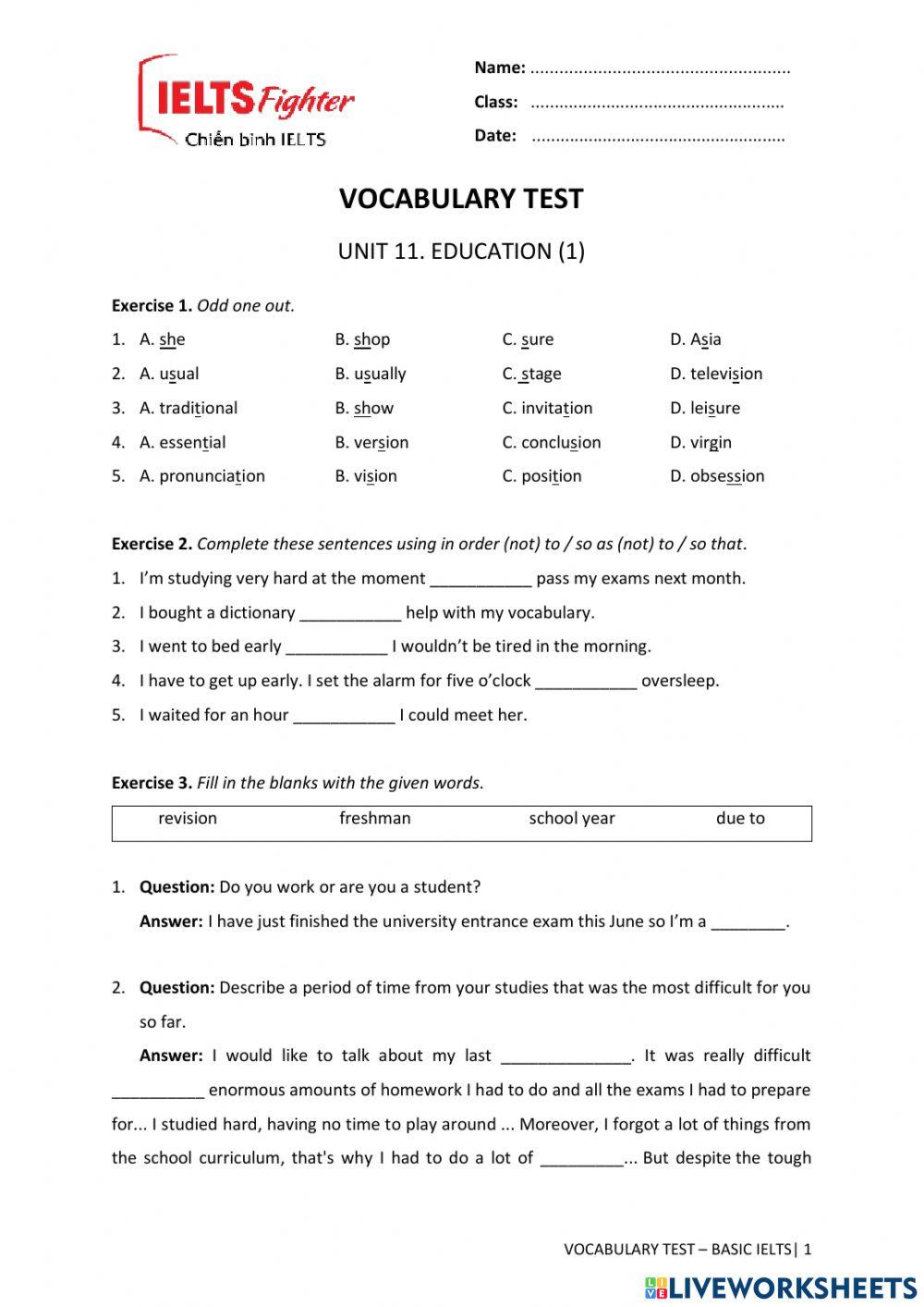 Vocab Test U11-BASIC IELTS