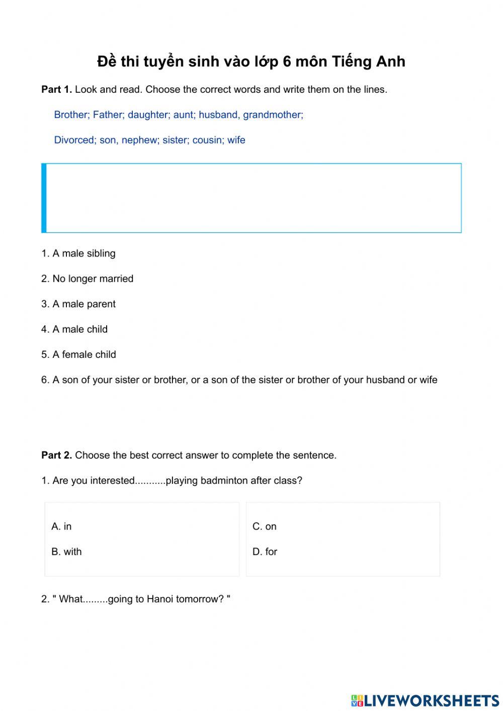 Đề Anh ôn vào 6 CNN