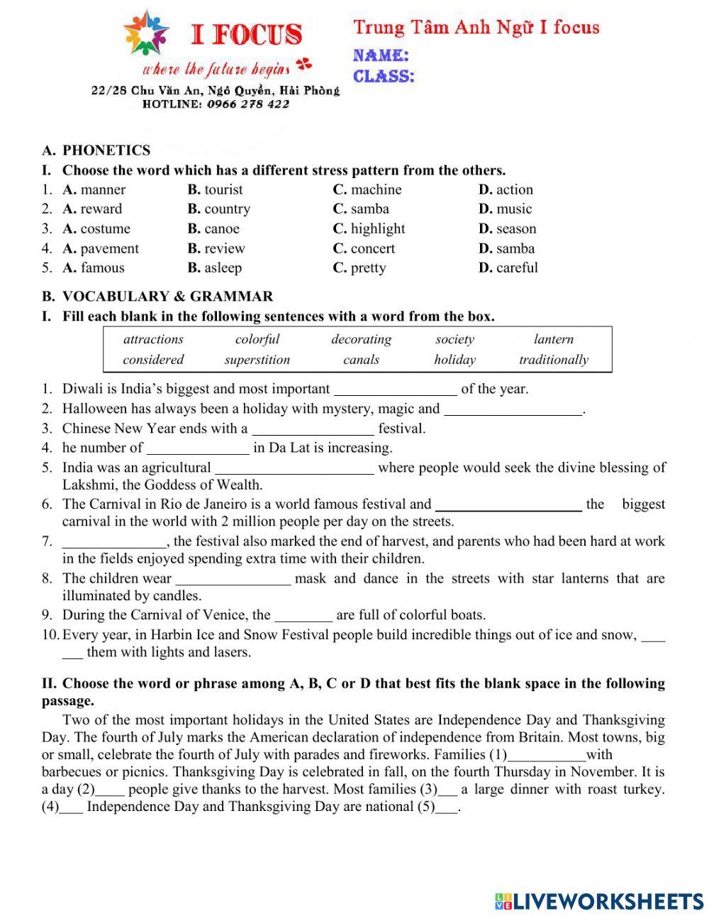 Lớp 7 Unit 9 Test A