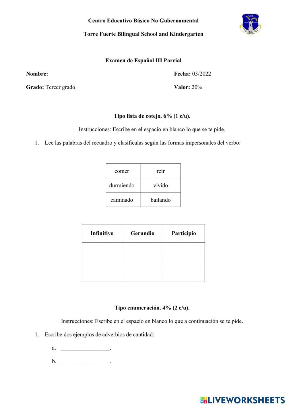 Examen de Español 3°