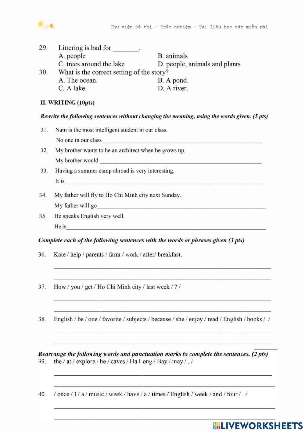 Đề Anh ôn vào 6 LTV 2019