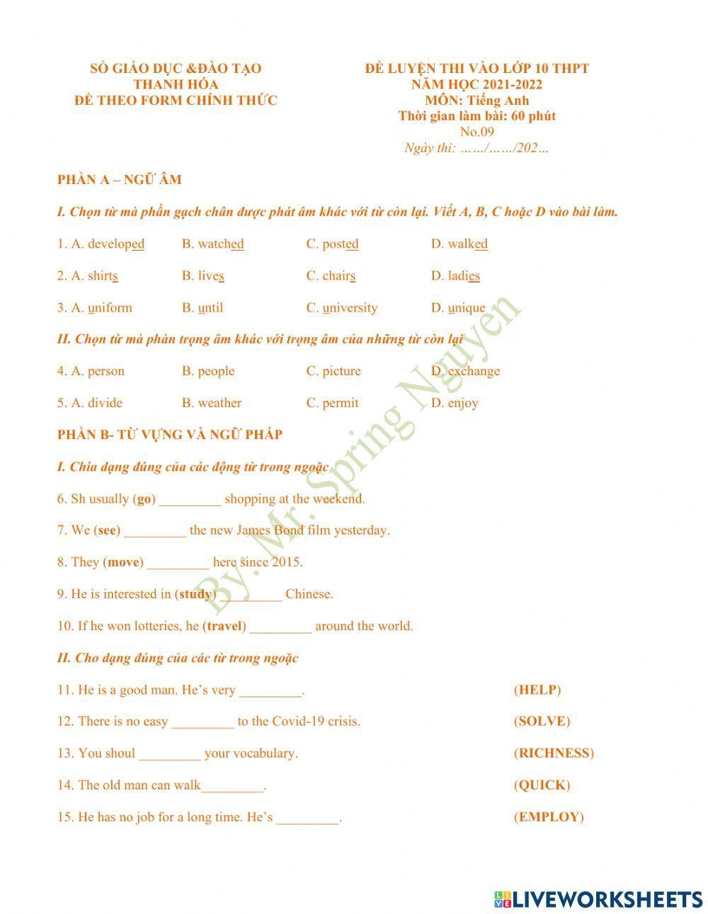 Đề ôn thi vào 10 - Số 09