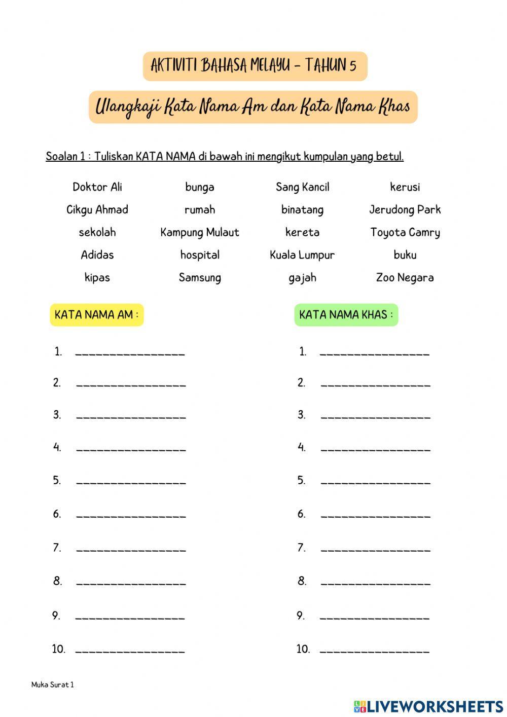 Aktiviti Bahasa Melayu (Kata Nama) - Tahun 5