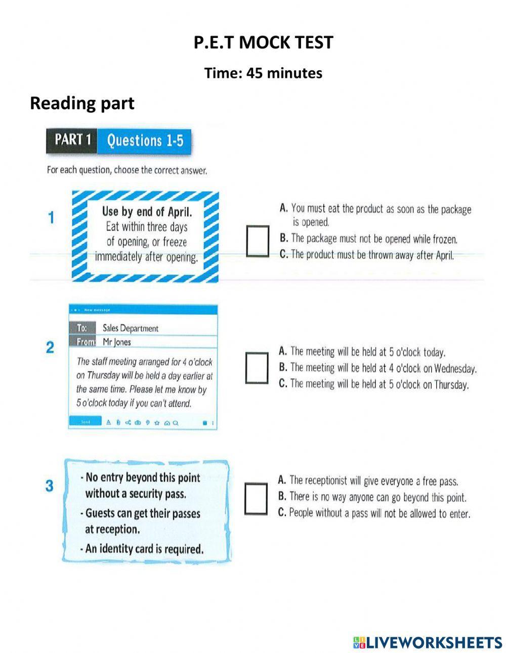 P.E.T Reading Mock Test