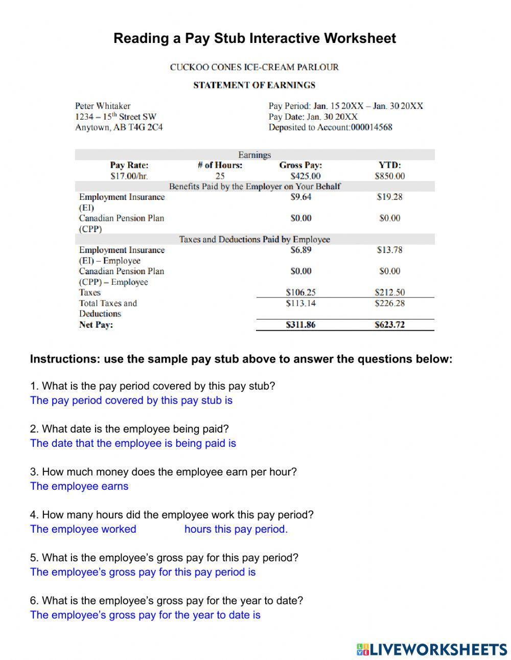 Reading a Pay Stub interactive worksheet Live Worksheets