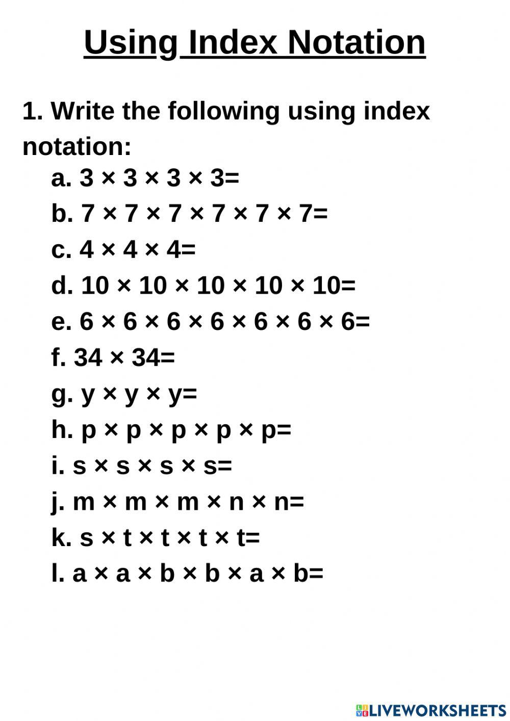 Index notation online exercise for live worksheets