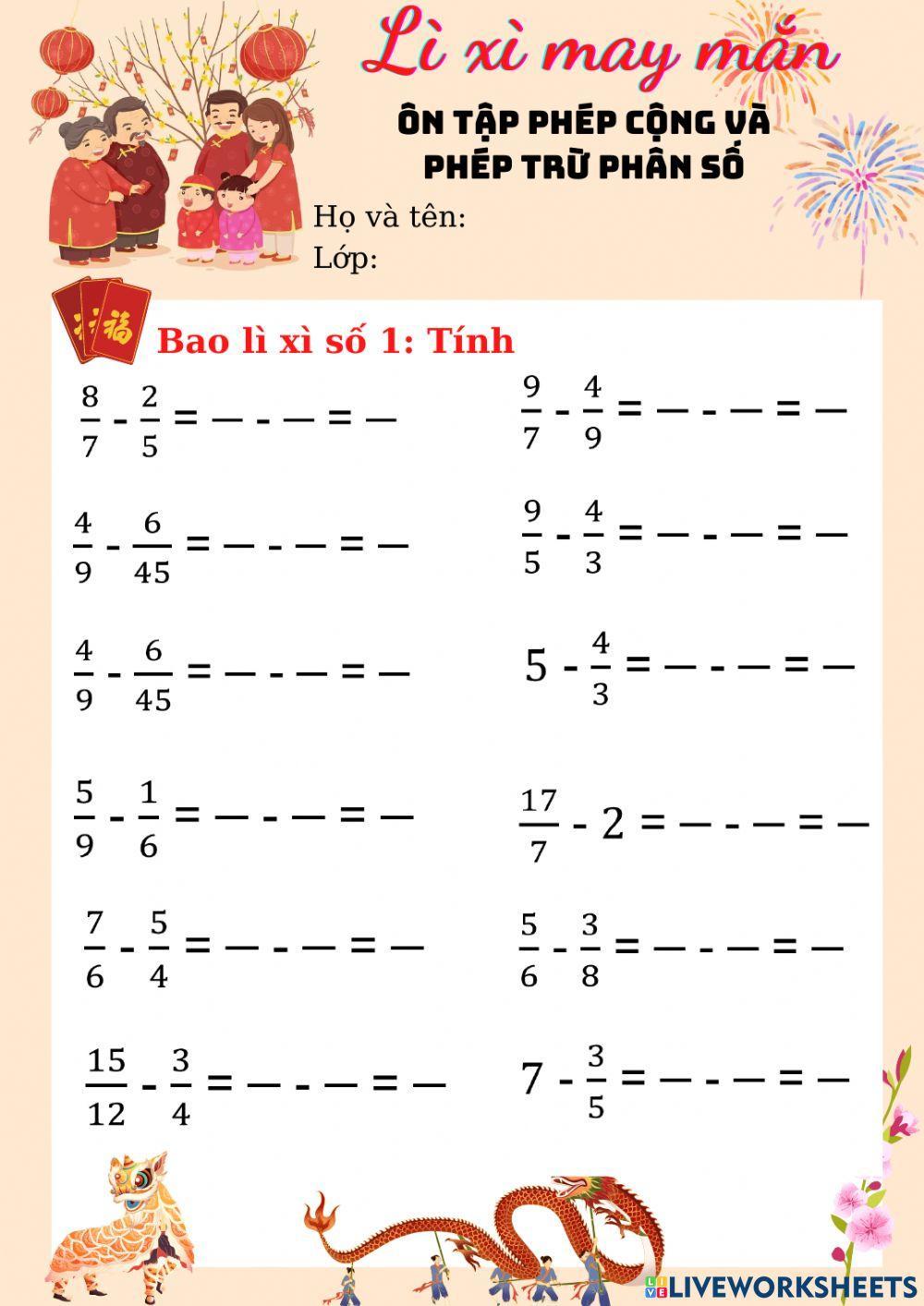 Ôn tập phép cộng và trừ hai phân số