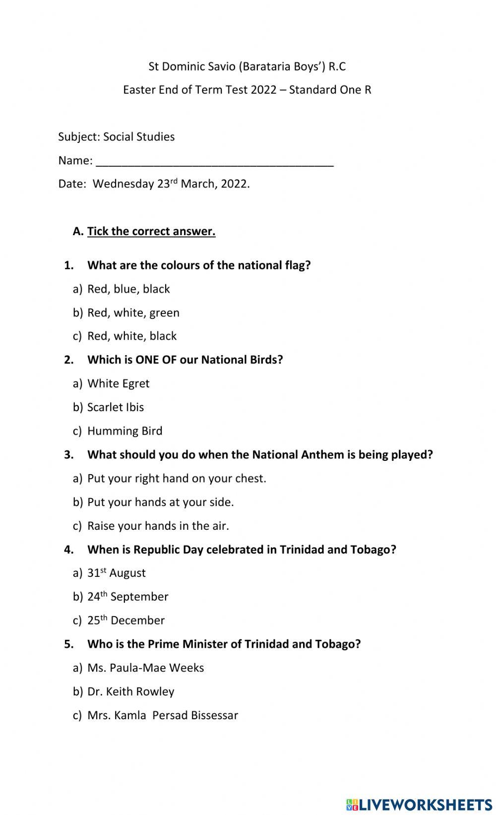 EASTER END OF TERM TEST SOCIAL STUDIES STANDARD ONE 2022.