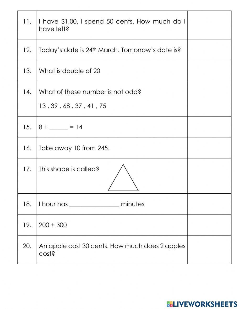 Mental Computation Quiz