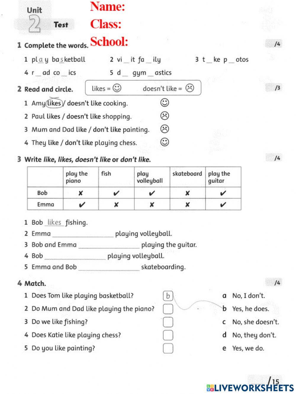 Family and friends 3 unit 2 test online exercise for live worksheets