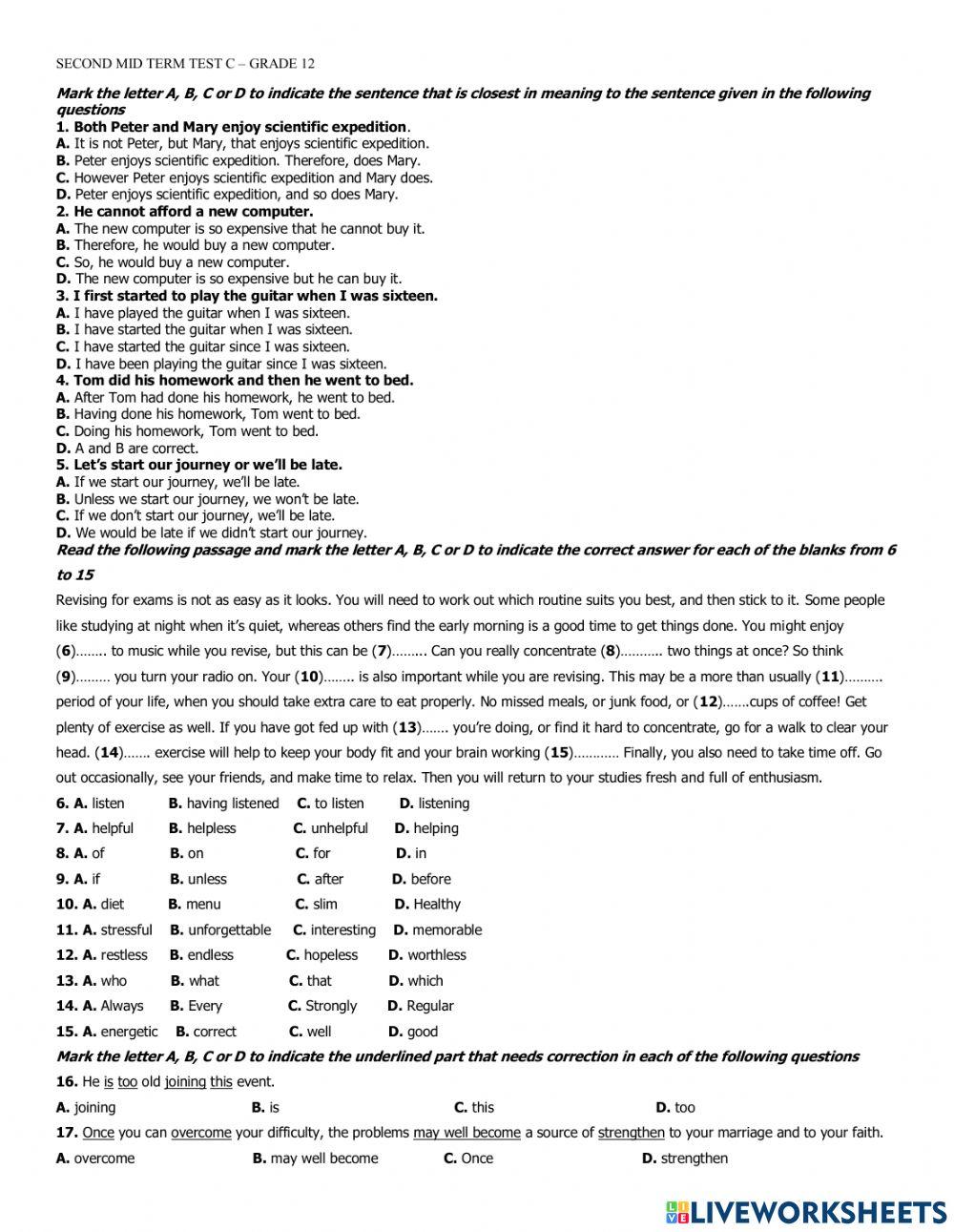 Second mid term test c- grade 12