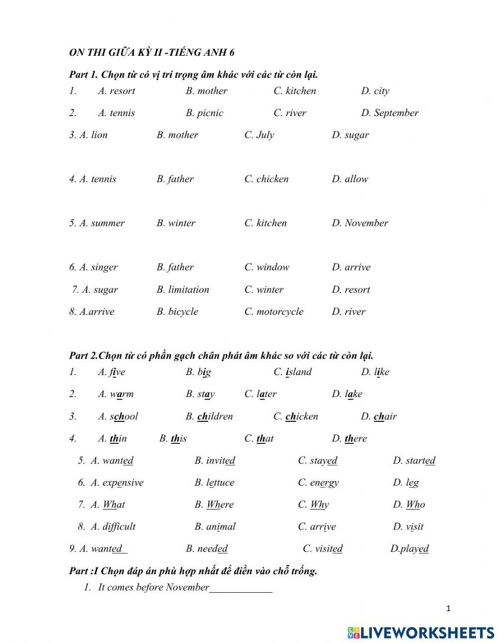 On thi giu a ky ii - anh 6 trac part i