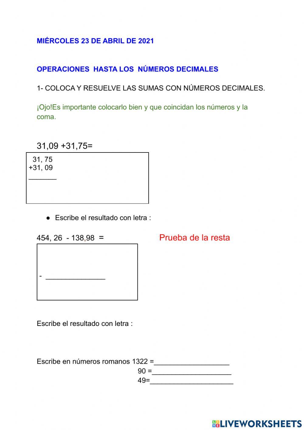 Operaciones hasta los decimales
