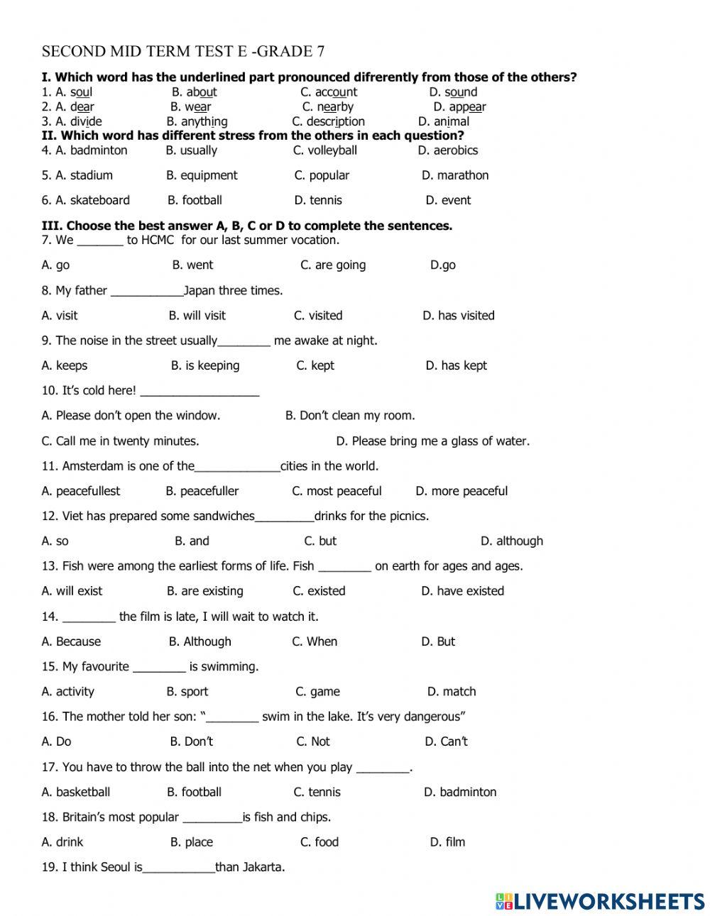 Second mid term test e - grade 7
