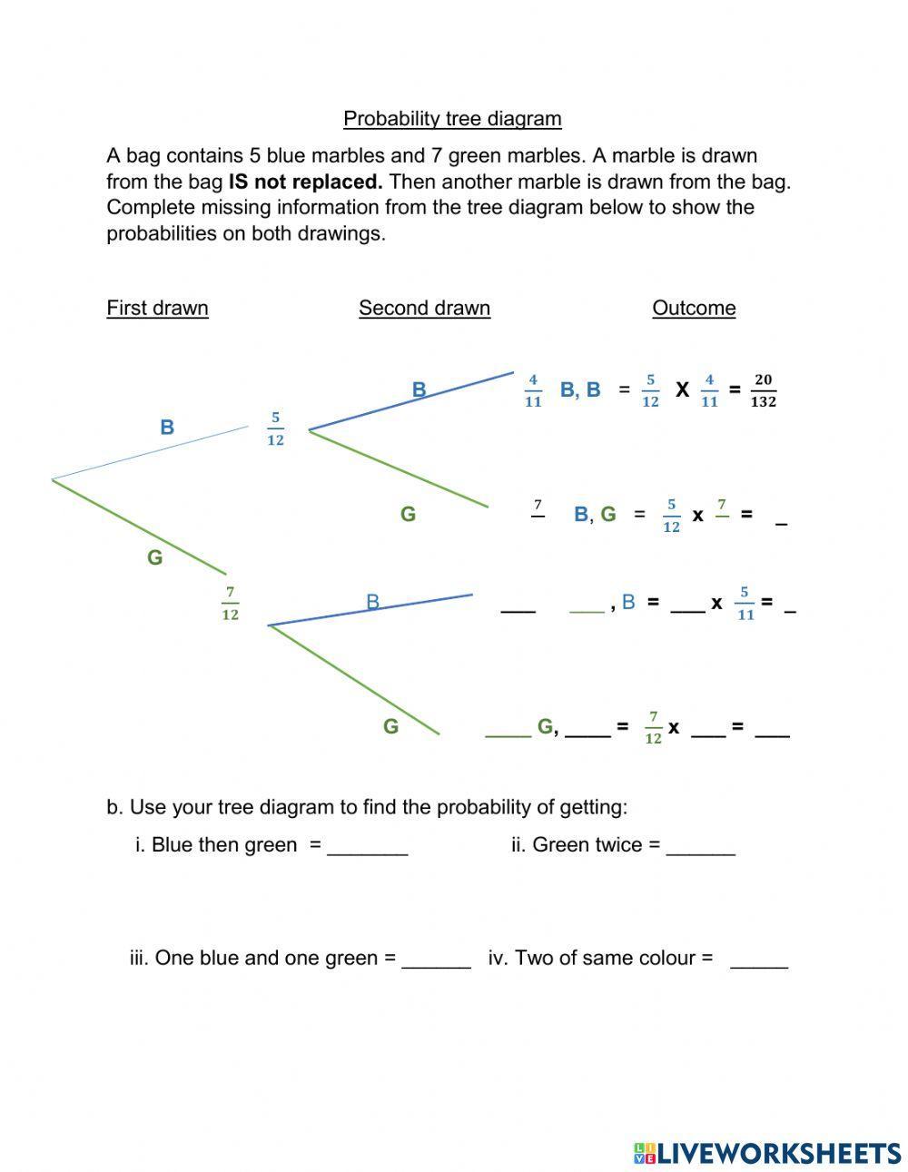 Probability Tree diagram without replacement worksheet | Live Worksheets probability-tree-diagram-without-replacement-worksheet-live-worksheets