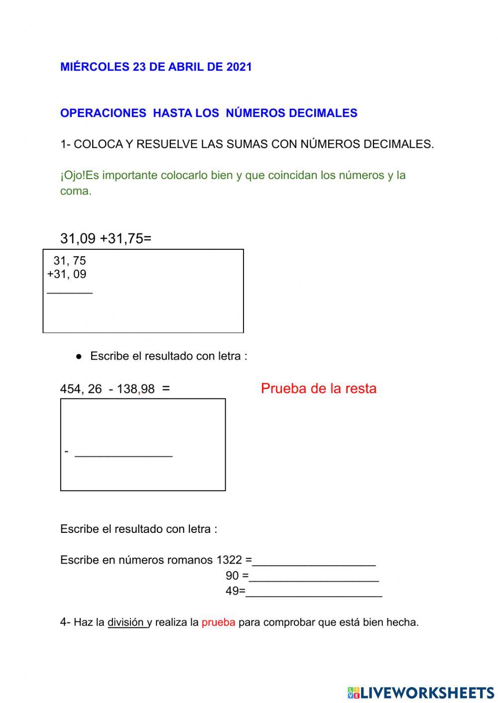 Operaciones hasta los decimales