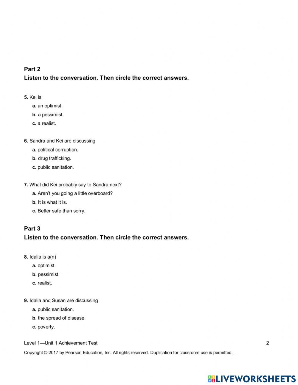 Summit 1 - Unit 1 Achievement Test