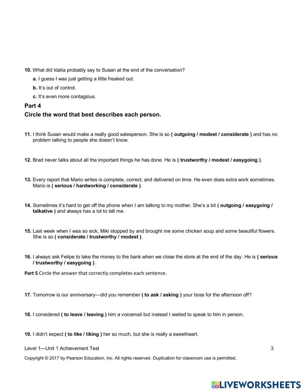 Summit 1 - Unit 1 Achievement Test