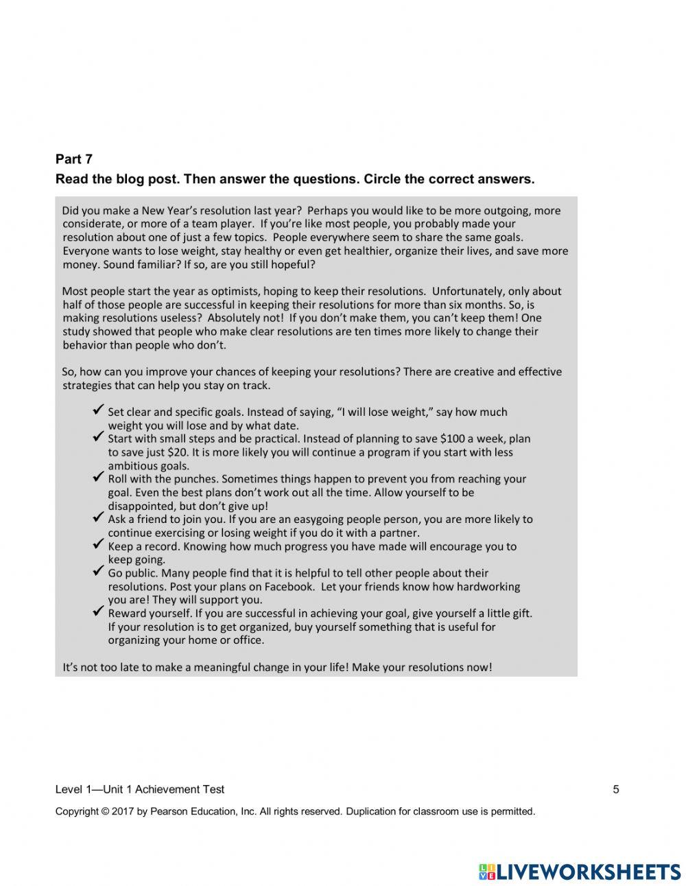 Summit 1 - Unit 1 Achievement Test