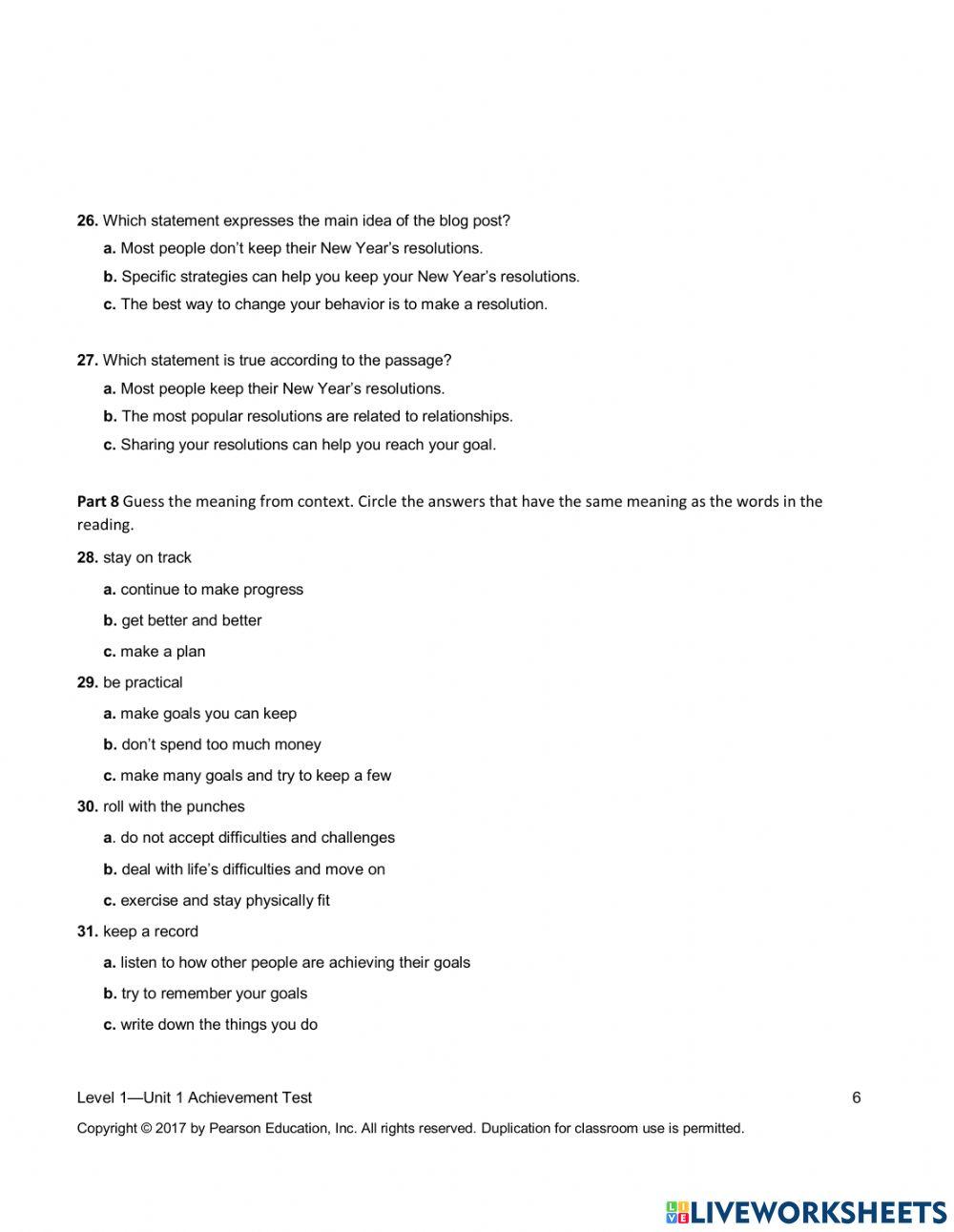 Summit 1 - Unit 1 Achievement Test