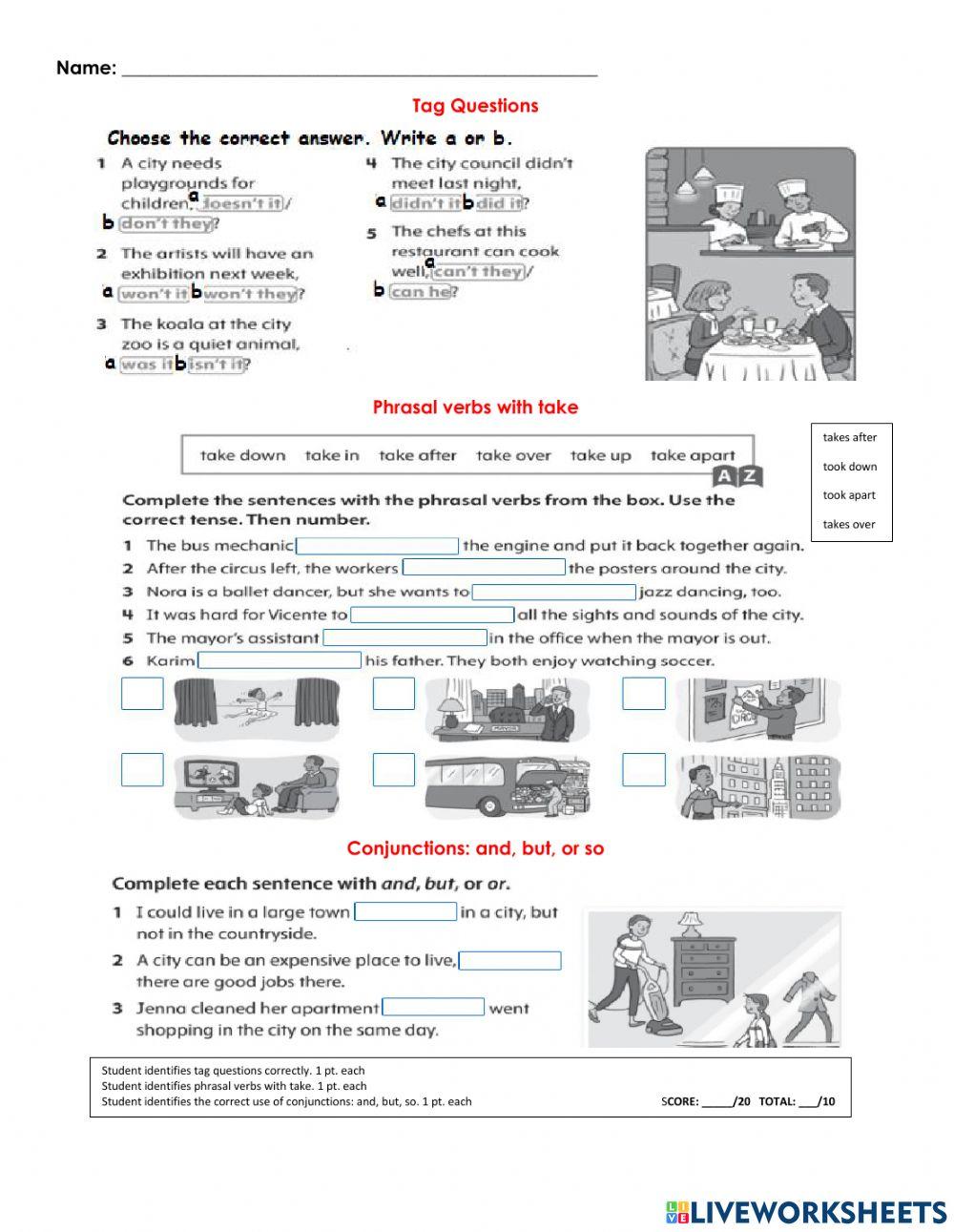 Tag questions - Phrasal verbs - Conjunctions
