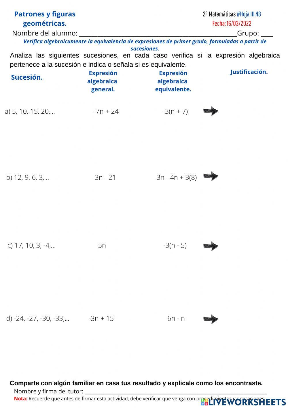 Expresiones algebraicas equivalentes.