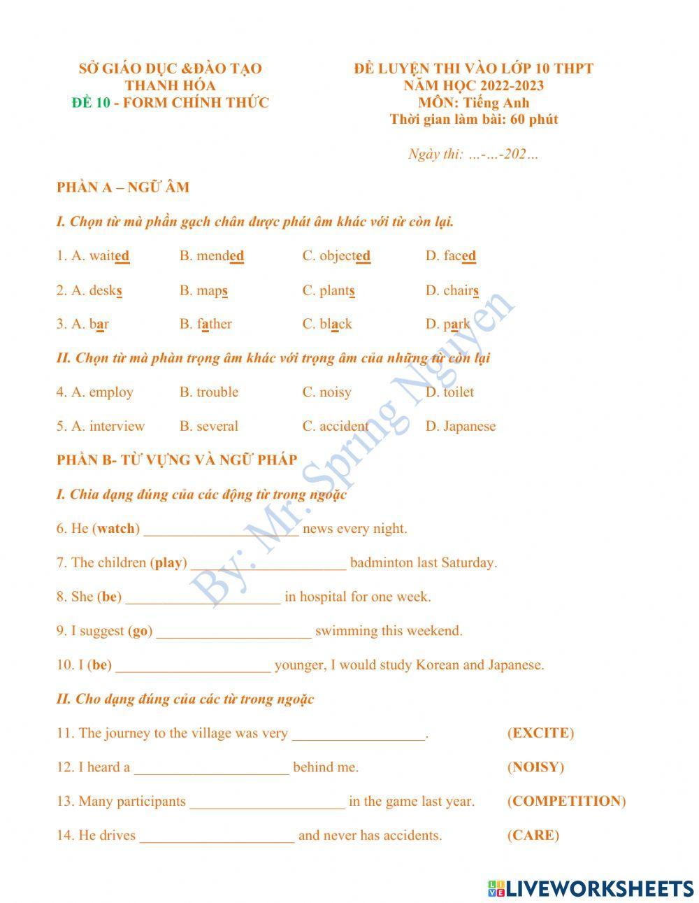 Đề thi thử vào 10 - Số 10