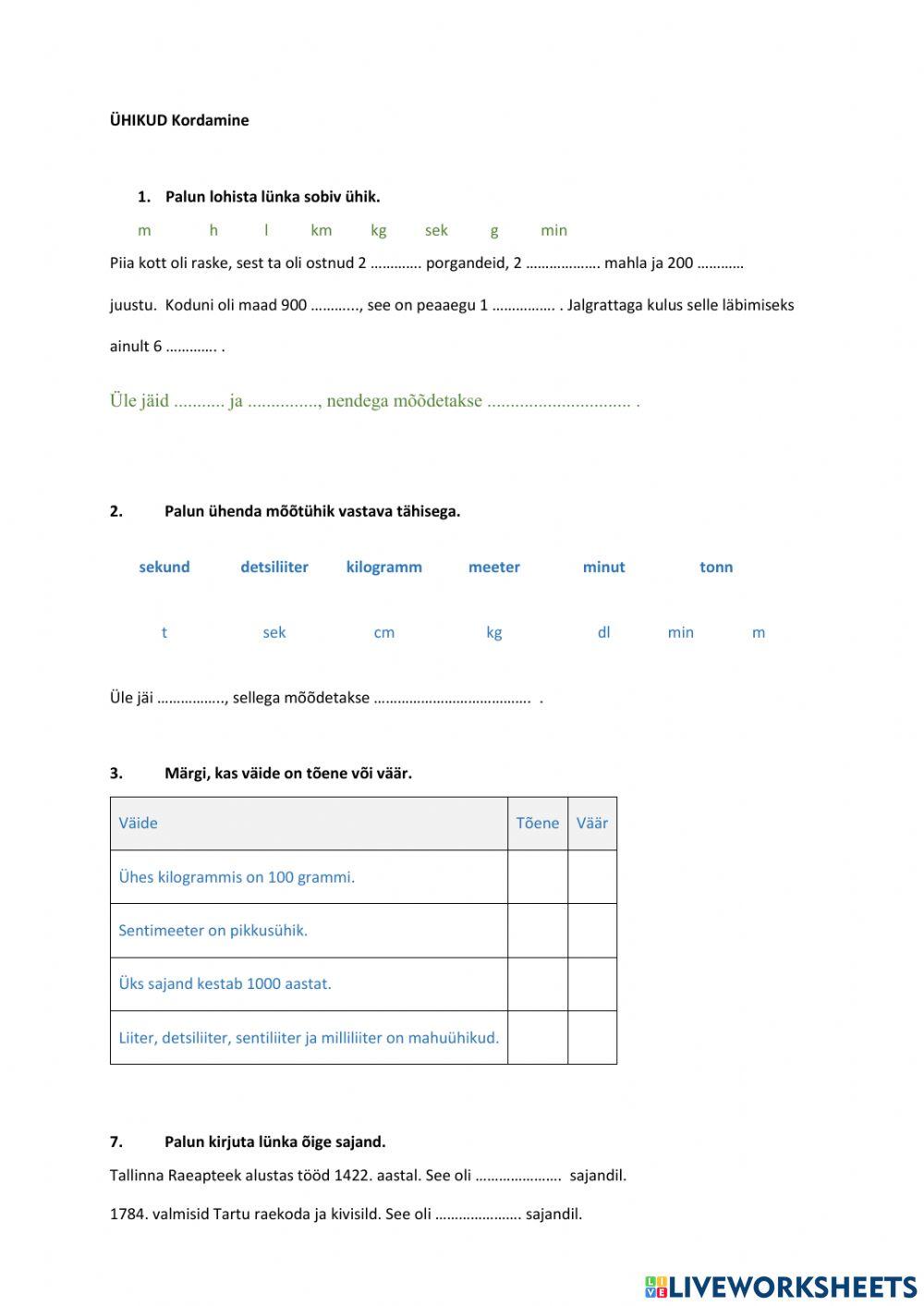 Ühikud. 3. klass, kordamine kontrolltööks