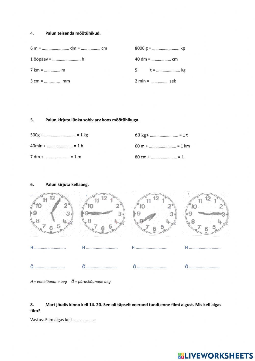 Ühikud. 3. klass, kordamine kontrolltööks