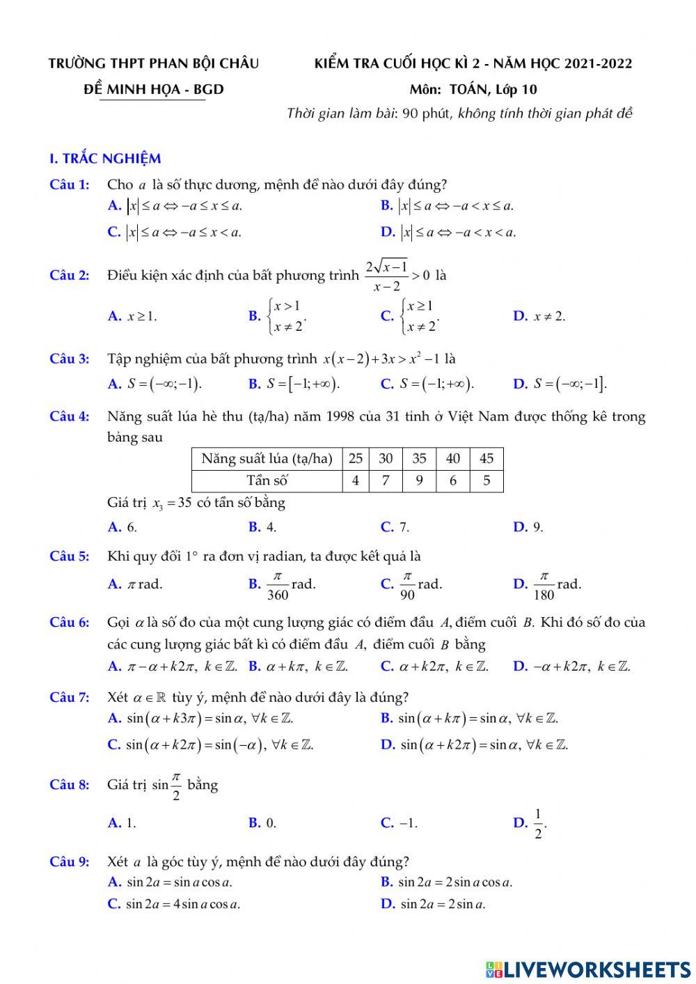 Toán 10-Kiểm tra CK2 - Đề minh họa số 02