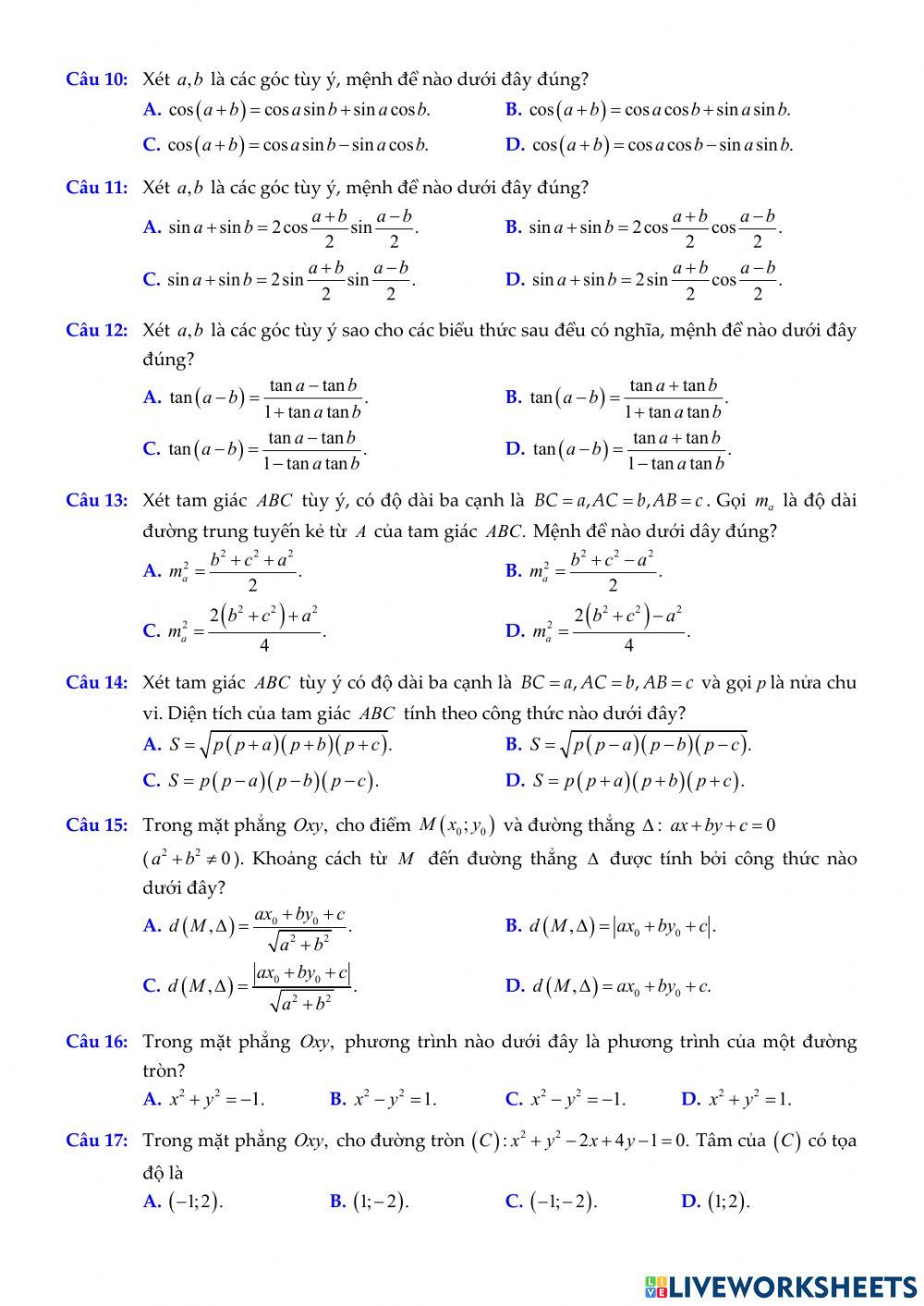 Toán 10-Kiểm tra CK2 - Đề minh họa số 02