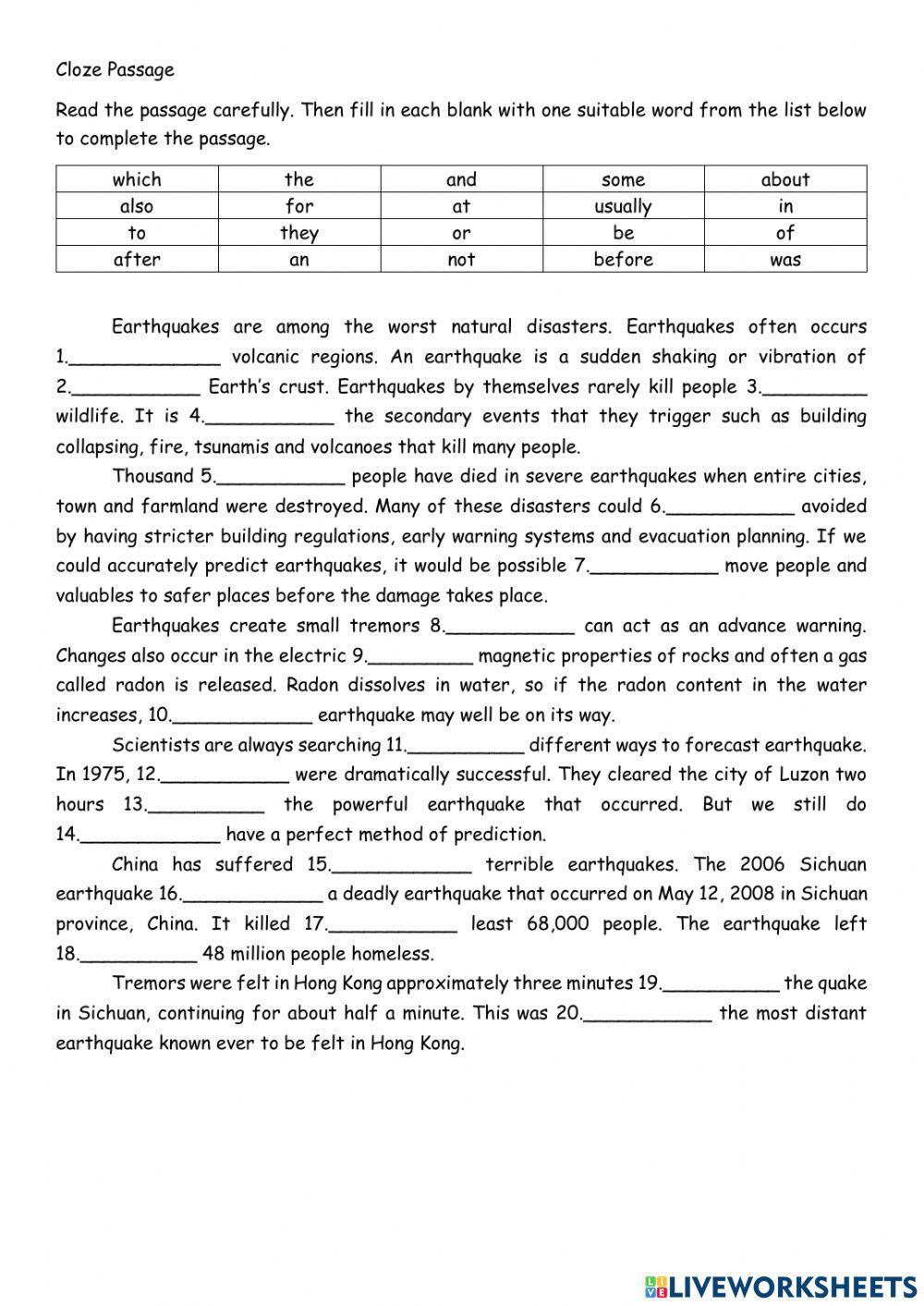 Cloze Passage - Earthquake