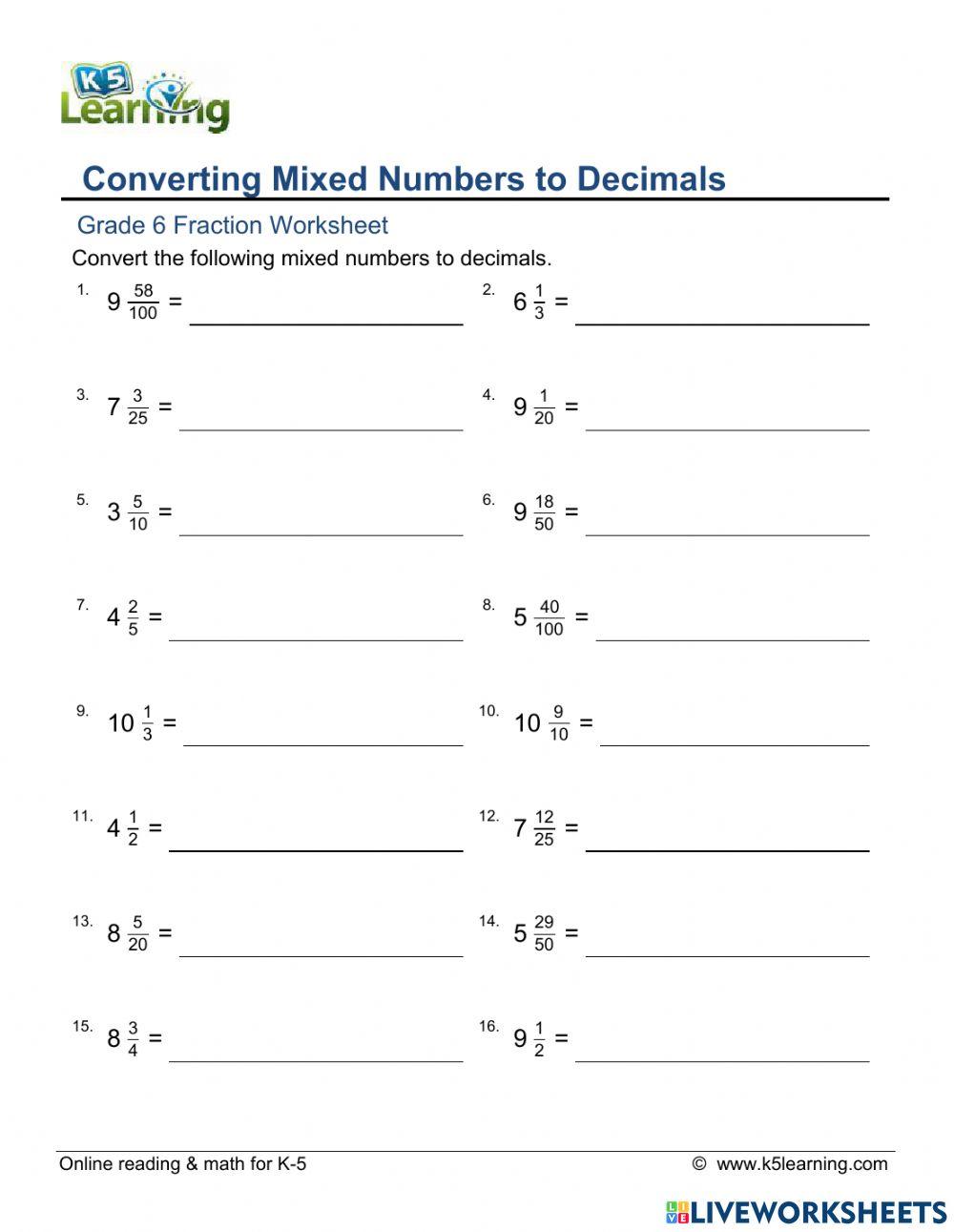 Converting mixed numbers to decimals online exercise for live worksheets