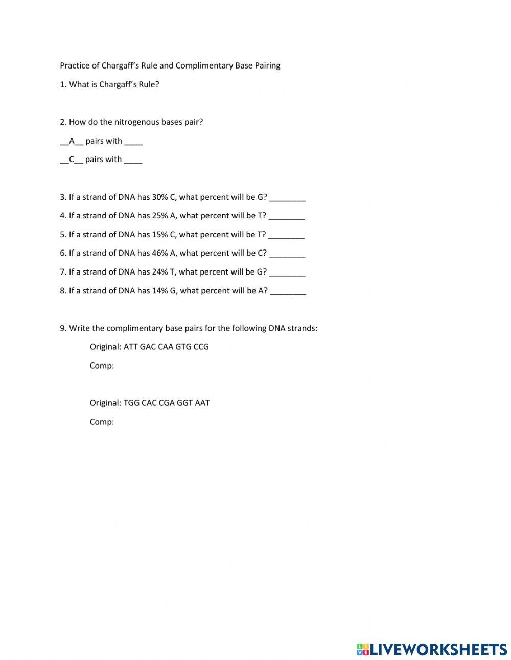 DNA Chargaff's Rule Practice