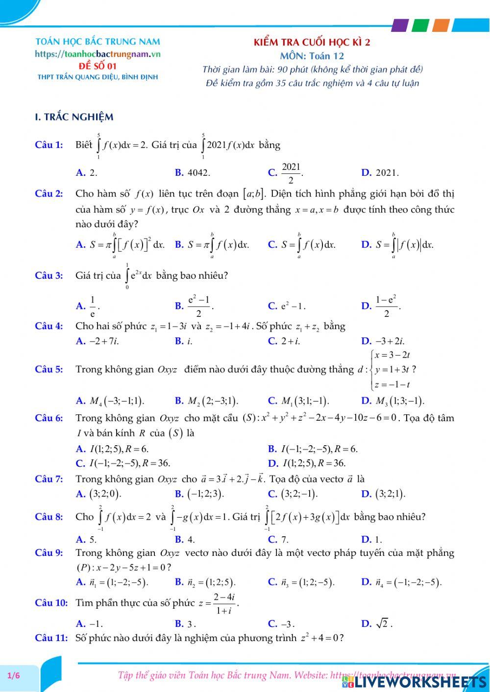 Toán 12-Kiểm tra CK2-THPT Trần Quang Diệu, Bình Định-2021
