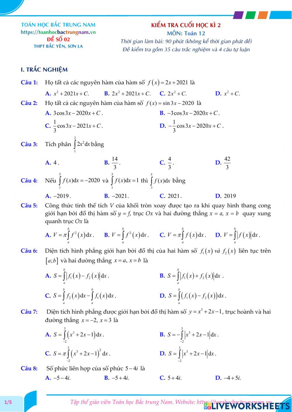 Toán 12-Kiểm tra CK2-THPT Bắc Yên, Sơn La-2021