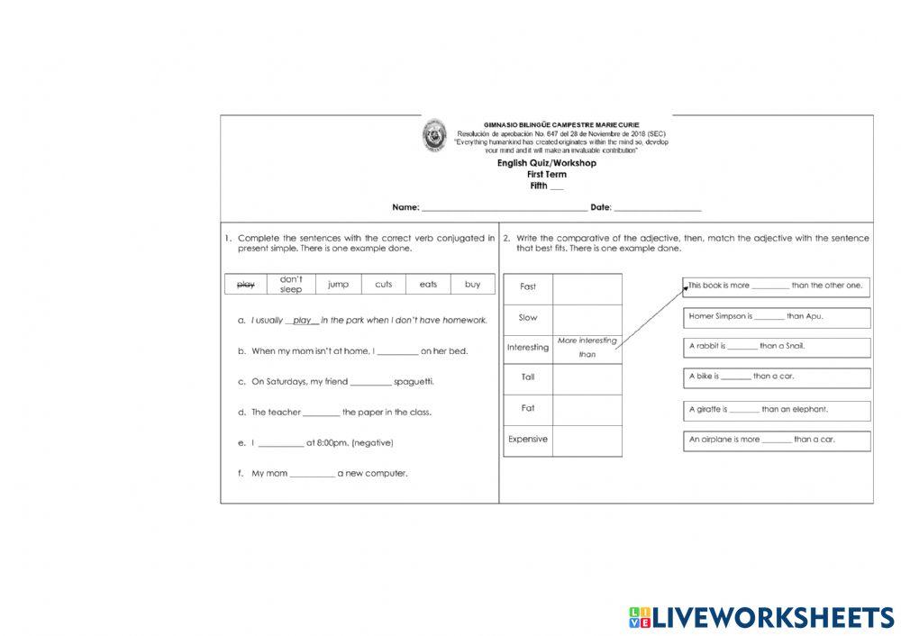 Quiz1 Comparatives and present simple 5th Grade