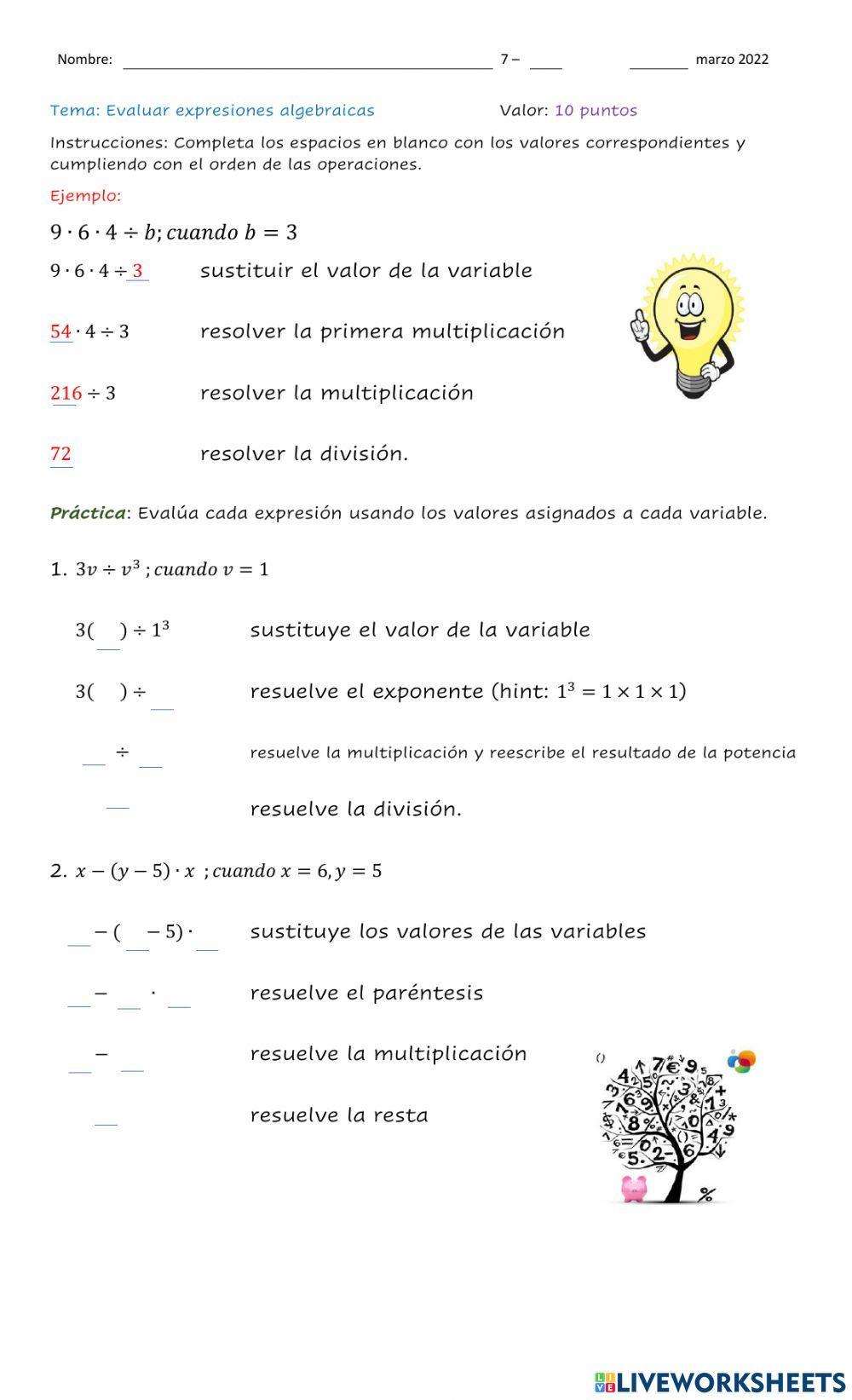 Práctica - Evaluar expresiones algebraicas