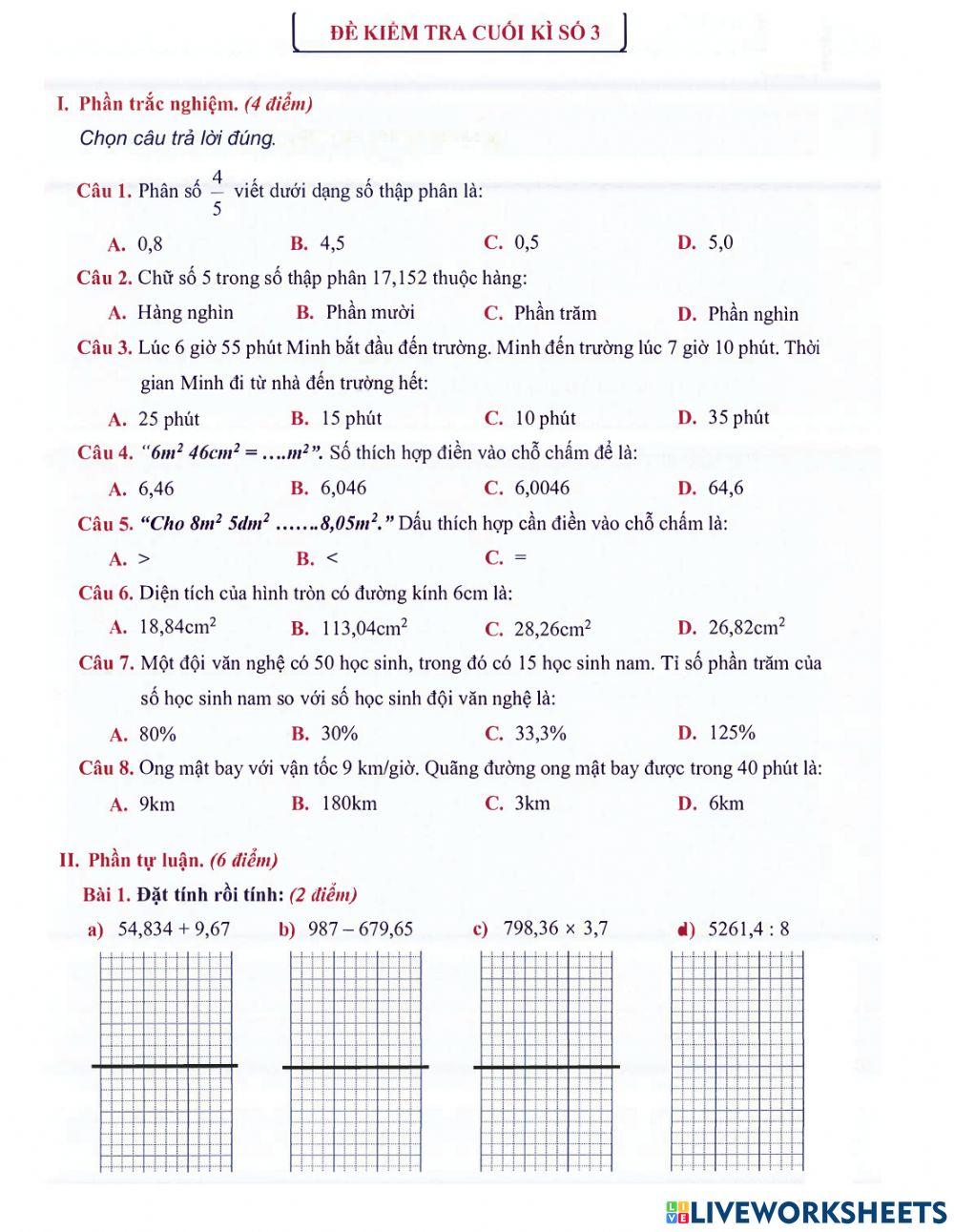 Toán 5 - Đề kiểm tra HK2 (đề 3)