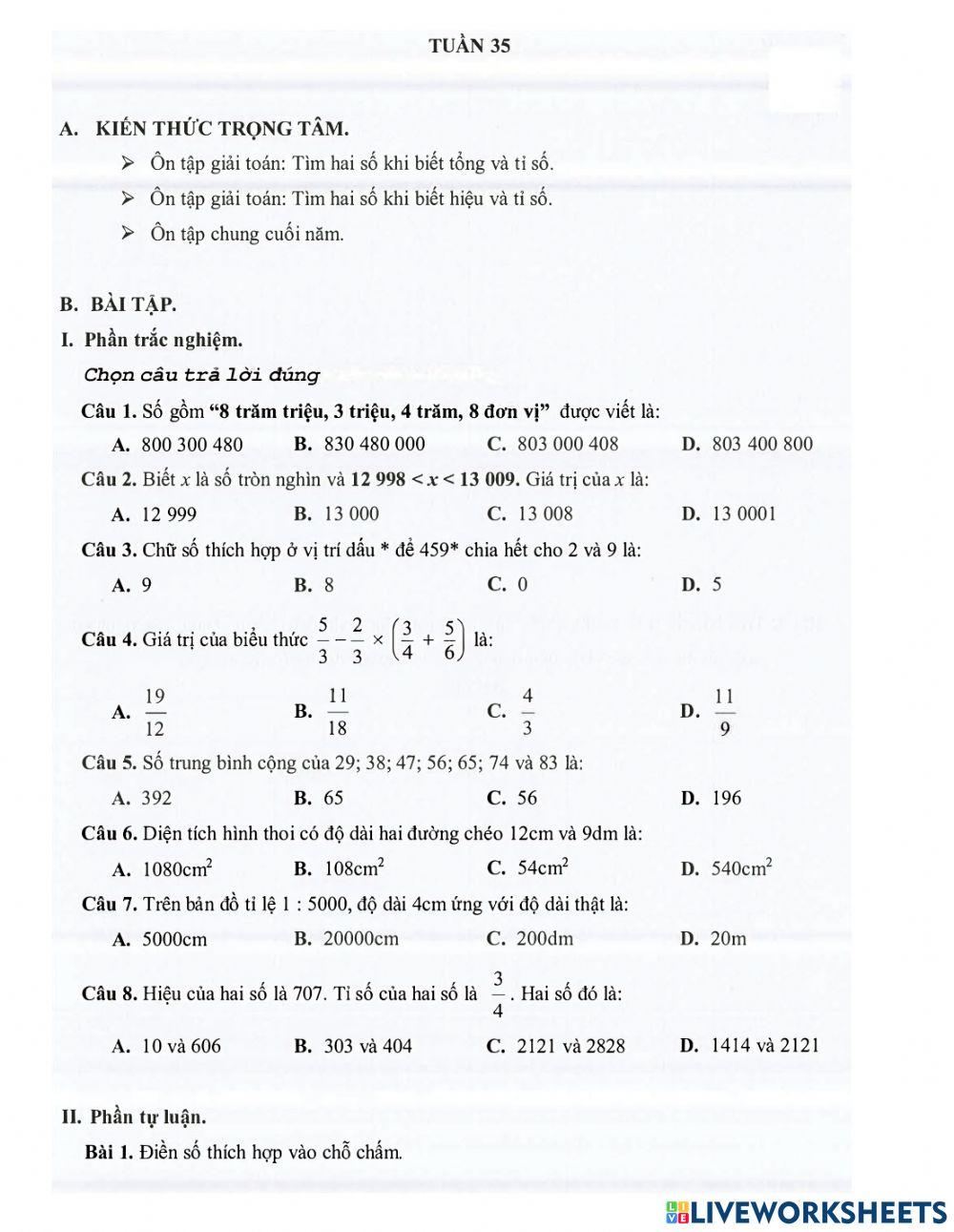 Toán 4 - Tuần 35 Bài tập