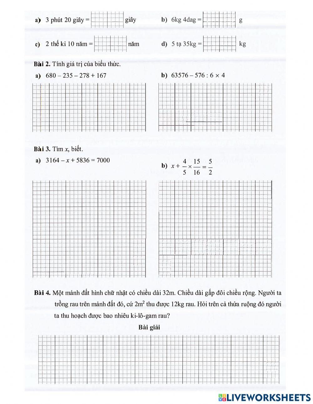 Toán 4 - Tuần 35 Bài tập