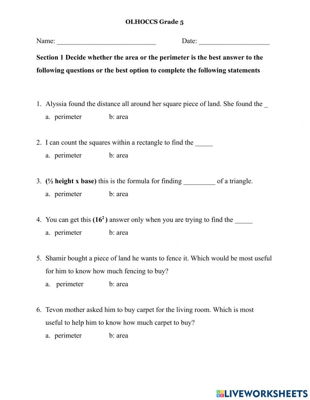 Area - Perimeter 2 Grade 5 BRC