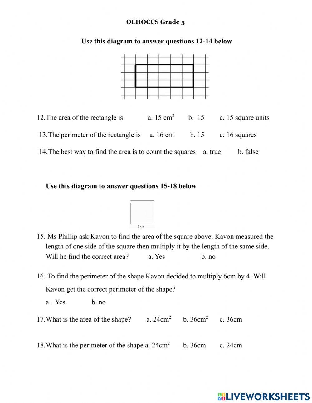 Area - Perimeter 2 Grade 5 BRC