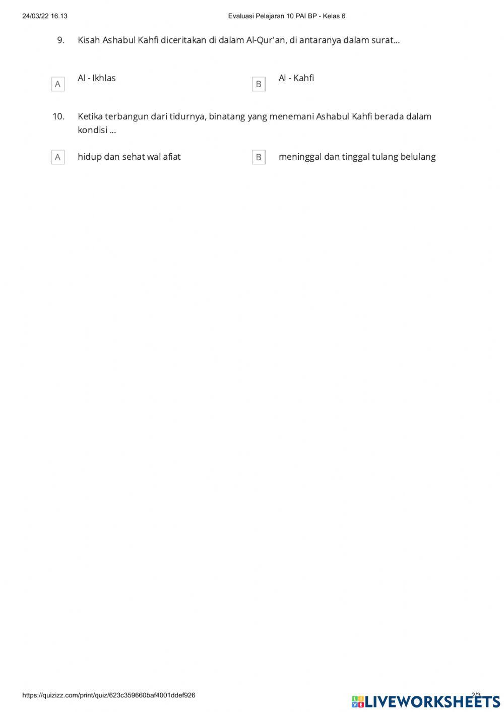 Evaluasi PAI BP Kelas 6