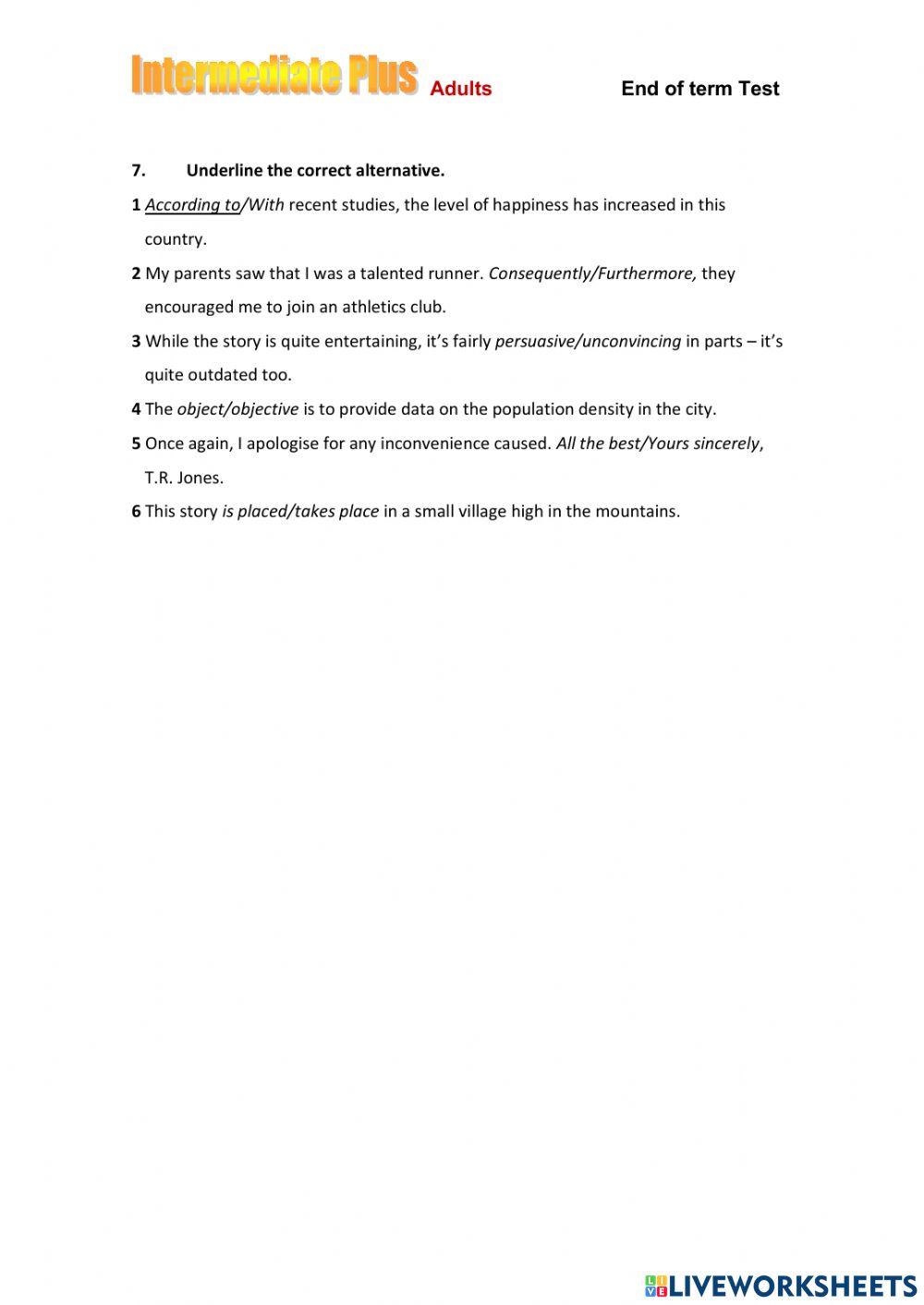 B1+ Use of English End of Term March 22