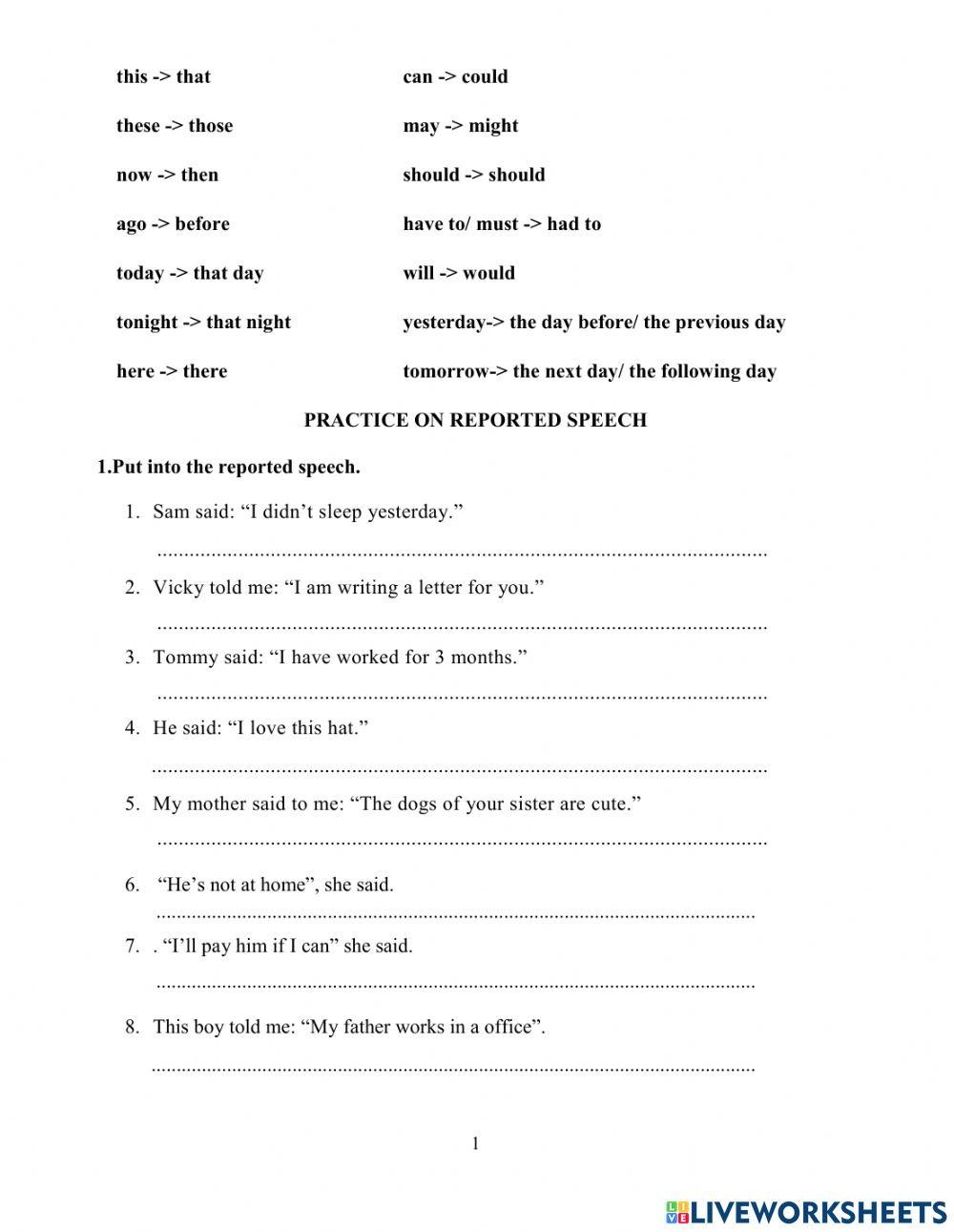 Reported speech online exercise for 8 | Live Worksheets