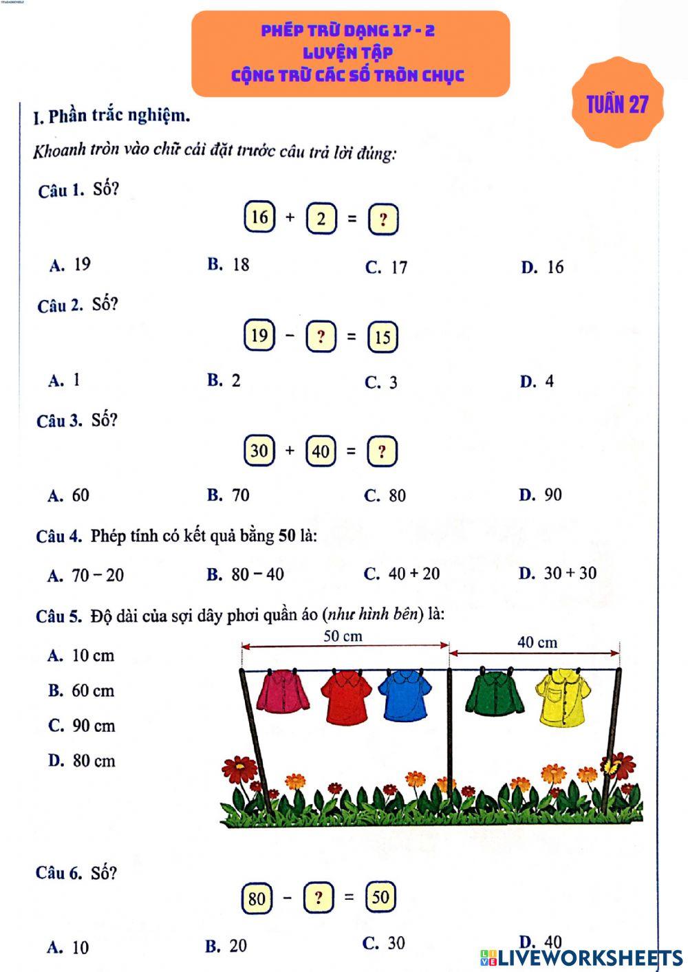 Phiếu cuối tuần môn Toán - tuần 27