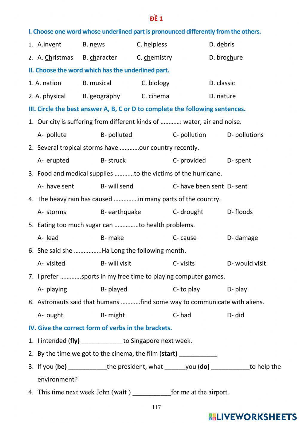 Đề 1 tiếng anh học kỳ 2